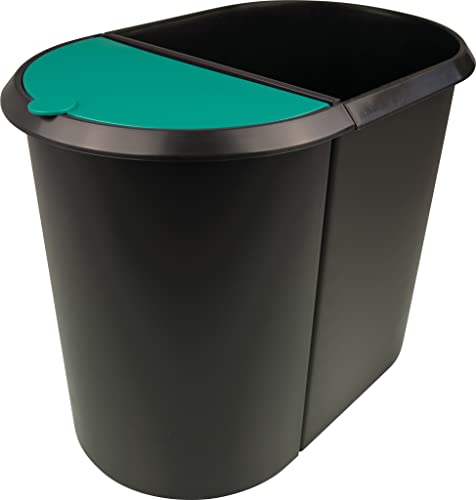 helit H6103994 - Papierkorb „the double“, 20 Liter/9 Liter, oval, umlaufender Griffrand, schwarz / grün, Mülleimer 2 Fächer von Helit