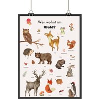 Poster Wald | Bilder Kinderzimmer Tiere A4 Waldtiere Eichhörnchen Eule Reh Maus Fuchs Bär| Waldtiere Aquarell Waldkindergarten Kind von hellokindly