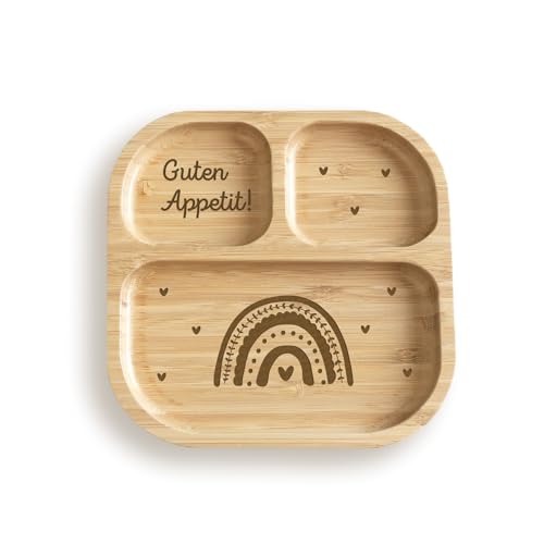 hellomini Babyteller mit Saugnapf – Individueller Kinderteller aus hochwertigem Bambusholz – Geschenk zur Geburt & Taufe – BPA-frei (Regenbogen - ohne Name, Nur Teller) von hellomini