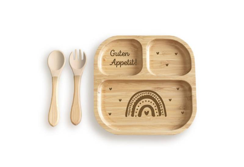 hellomini Kindergeschirr-Set Babyteller "Regenbogen" Bambus (1-tlg), 1 Personen, Bambus, Silikon, BPA-frei, mit Motiv, rutschfest,Saugnapf, Montessori-Fächer von hellomini