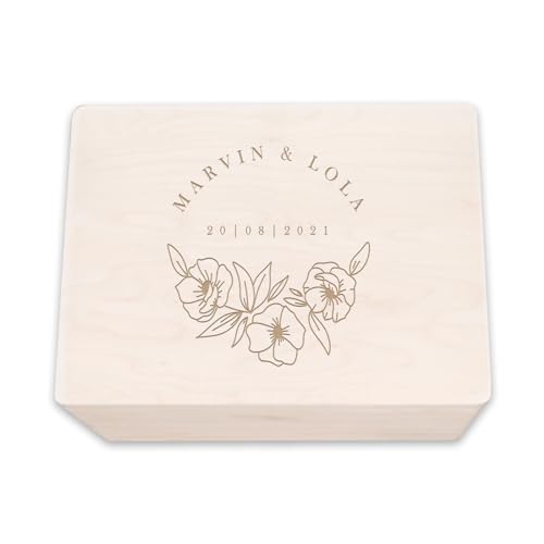 hellomini Personalisierte Erinnerungskiste aus Holz - Geschenk zur Hochzeit | Individuell mit Namen & Datum - Hochzeitsgeschenk/Hochzeitskiste (Blumen, S: 30x20x14cm) von hellomini
