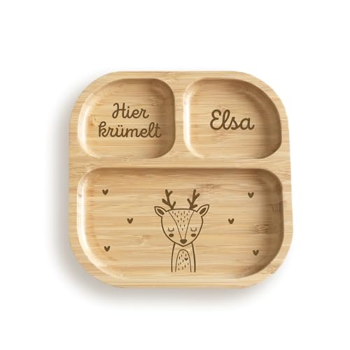 hellomini Personalisierter Babyteller mit Saugnapf – Individueller Kinderteller aus hochwertigem Bambusholz – Geschenk zur Geburt & Taufe – BPA-frei (Reh Herzen, Teller+Besteck(beige)) von hellomini