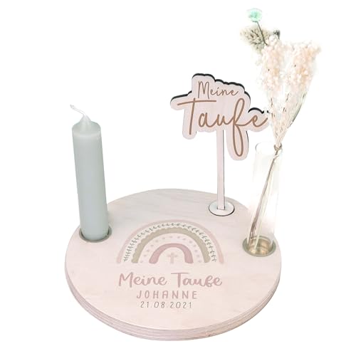 hellomini Personalisierter Taufteller - Taufgeschenk für Jungen Mädchen - Taufdeko mit Gravur - Taufandenken - Personalisierte Geschenke zur Taufe (Regenbogen Rosa) von hellomini