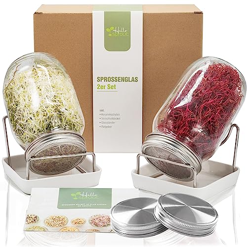 hellosprout® Sprossenglas mit rostfreiem Edelstahlgitter | 12,5 x 12,5 x 16cm | 2X 1000 ml | Keimglas zum Sprossen ziehen | Sprossen Anzuchtset für Keimsprossen | Microgreens | Kressesieb von hellosprout