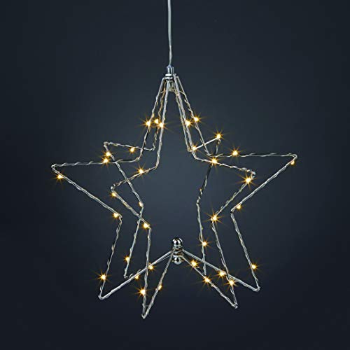 hellum 522624 LED-2D- oder 3D- Stern zum Stellen oder Hängen mit 6h-Timer, 36 warm-weiße LEDs, mit transparentem Haken, 30 * 33 cm, batteriebetrieben (nicht inkl.) von hellum
