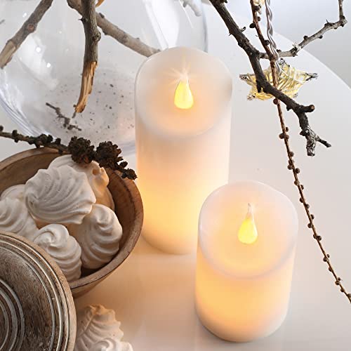 hellum LED Wachskerze, Ø 5cm x 9,5cm hoch, weiße LED Kerzen mit flackernde Flamme, Kerzen mit batterien (2xAA nicht inkl.), LED Weihnachtsbeleuchtung LED Deko, Echtwachs LED Kerze 572124 von hellum