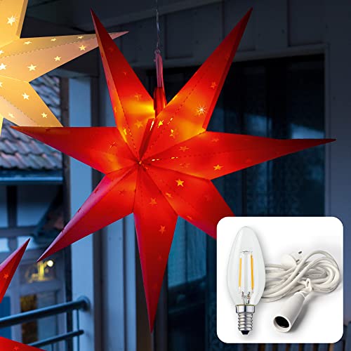 HELLUM Weihnachtsstern Außen und Innen, Stern Papierstern zum aufhängen mit E14 Lampenfassung, roter Stern Weihnachtsdeko Fenster mit 3m Netzkabel mit Schalter, Weihnachtsbeleuchtung außen, 577778 von hellum