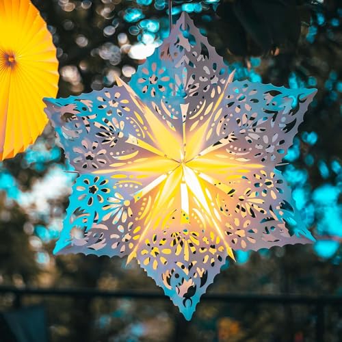 HELLUM Weihnachtsstern Außen und Innen, Stern Papierstern zum aufhängen mit E14 Lampenfassung, weiß Stern Weihnachtsdeko Fenster mit 3m Netzkabel mit Schalter, Weihnachtsbeleuchtung außen, 577792 von hellum