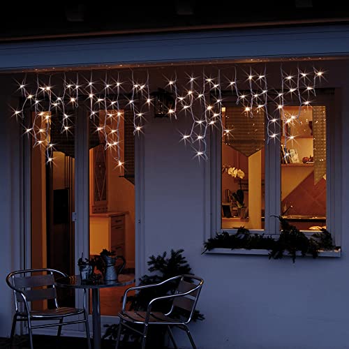 Hellum LED Lichterkette Vorhang Außen, verlängerbar Lichtervorhang mit Steckdose, Verlängerung-Set mit 3m Netzkabel, 1,9 * 0,6m 80 LEDs, Kabel weiß Weihnachtsbeleuchtung für Garten, Party 555349 von hellum