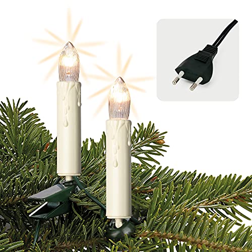 hellum Lichterkette Kerzen Weihnachtsbaum, Kerzen Lichterkette innen mit Clip, 15 Lichter, beleuchtet 980cm Abstand 70cm Kabel grün Schaft elfenbeinfarben, Zuleitung 1,5m, 22lm, mit Stecker 611533 von hellum