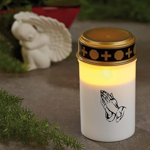 hellum Grablichter LED mit Batterie weiß, LED Grablichter für draußen mit Timer outdoor, Grabschmuck wetterfest Motiv betende Hände, Grabkerzen outdoor (2xLR14, nicht inkl.) 7,5x12,5cm 522860 von hellum