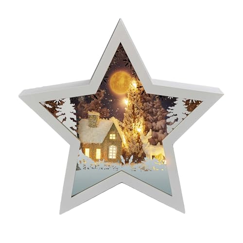 hellum LED Bild mit 3D Winterlandschaft 26,7 x 25,5cm Sternenform zum Stellen, Batteriebetrieb (3xAA nicht inkl.), Bild mit Winterszene, Weihnachtsdeko, Tischdeko 522914 von hellum