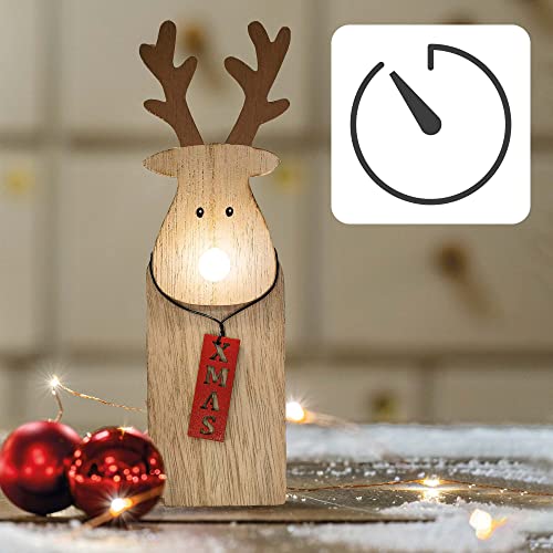 Hellum LED Holz-Rentier mit leuchtender Nase, ca. 20cm hoch, 1 LED, warmweiß, batteriebetrieben (2x AAA, nicht enthalten), innen IP20, Winterdecoration, Dekoration, Weihnachtsdekoration, 524659 von hellum