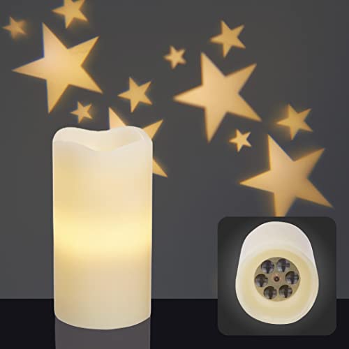 hellum LED Kerze mit Timer, Ø 8cm x 15cm hoch, LED Kerzen Sternenhimmel Projektor, Kerzen mit batterien (3xAAA nicht inkl.), LED Weihnachtsbeleuchtung LED Deko, Echtwachs LED Kerze 524055 von hellum