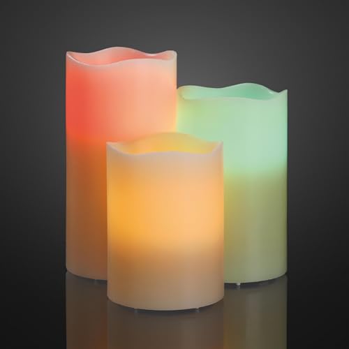 hellum LED Kerzen 3er Set RGB indoor, LED Kerzen mit Timerfunktion, mit Fernbedienung, batteriebetrieben 9xAAA (nicht inkl.) in verschiedenen Größen 10/12,5/15x7,5cm (HxØ) 152678 von hellum