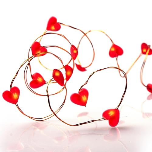 hellum LED Lichterkette Herz-en Batterie-betrieben(2AA), 20er rote Herzen mit rote LEDs Kupfer Draht Lichterkette innen, 110cm Lichtlänge für Valentinstag Hochzeit Jahrestage Muttertage Deco 570854 von hellum