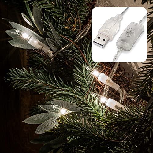 hellum LED Lichterkette innen, 2er Set 10 LED mit Schalter, warmweiß LED Ersatzbirnen Lichterkette mit USB-Anschluss, Kabel transparent beleuchtet 108cm, Pisello Lichterkette Weihnachtsbaum 150674 von hellum