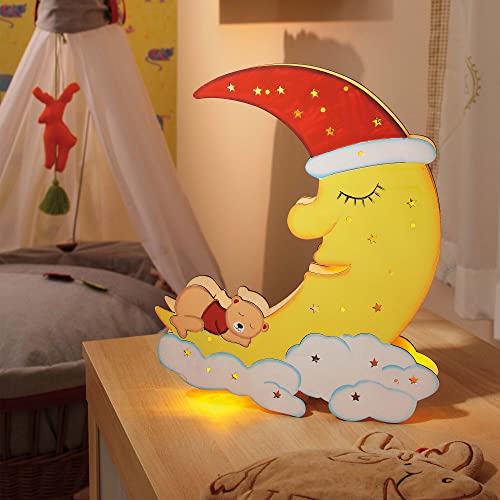 Hellum LED Mond aus Holz mit schlafendem Bär, Kinderzimmer, Fensterdeko, Nachttisch, 10 warm-weiße LED, 30,5x23cm, batteriebetrieben (2xAA, nicht inklusive!), für innen 150728 von hellum