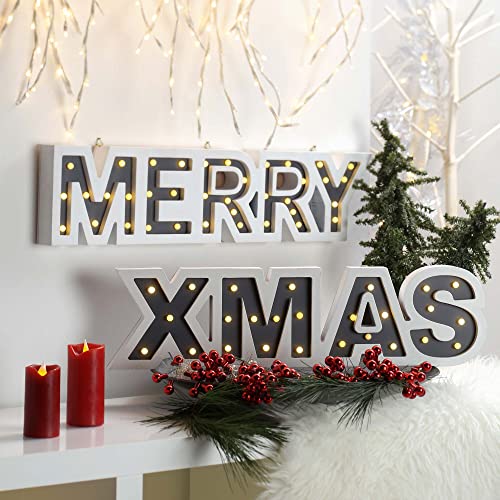 Hellum LED Schriftzug" MERRY XMAS", 2 teilig, Leuchtbuchstaben aus Holz, batteriebetrieben 2x 3xAA, nicht inkl.) 68 bzw. 60x15,5cm, Deko Weihnachten, Wohnzimmer Fensterbank 524826 von hellum