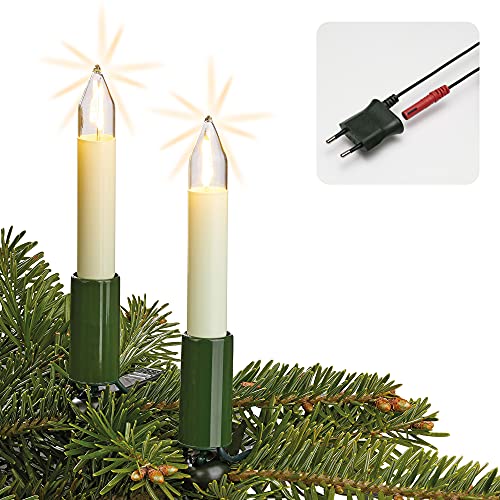Hellum LED Lichterkette Weihnachtsbaum Made-in-Germany Christbaumbeleuchtung Kerzen Lichterkette innen mit Clip, 20 warm-weiße LED-Filament, beleuchtet 1330cm, Kabel grün, für Innen mit Stecker 802061 von hellum