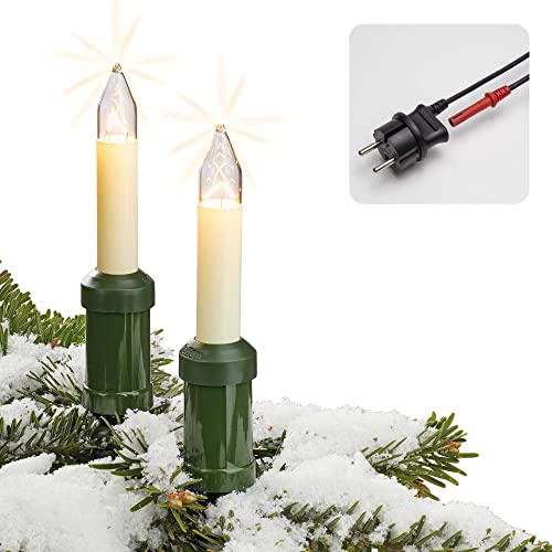 Hellum Weihnachtsbaum Lichterkette aussen Made in Germany, 19m beleuchtet, Lichterkette außen mit Clip 20 Schaftkerzen weiß, klar Glühfaden Kabel schwarz teilbarer Stecker, 3 Ersatzkerzen <59lm 430011 von hellum