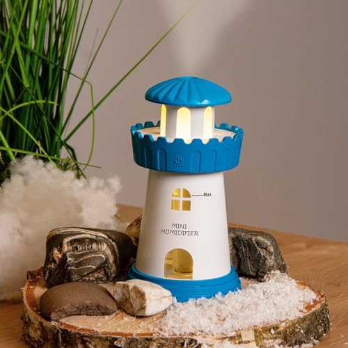 Hellum Luftbefeuchter dekorativ, tragbarer Mini Luftbefeuchter Leuchtturm in blau, Leuchtturm Diffuser 8x14,5cm groß, süßer Luftbefeuchter mit Nachtlicht 524949 von hellum