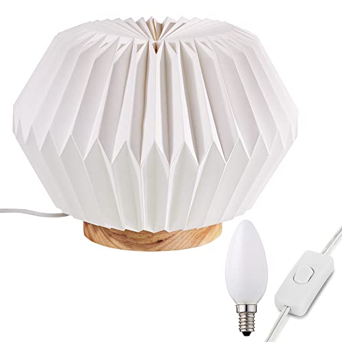 hellum Tischlampe mit Design Papier Lampenschirm mit LED Glühbirne, Weiß Papierschirm mit Fuß aus Holz und Metall. Deko Tischleuchte mit 1,5m Kabel mit Stecker mit Schalter, Höhe 24 cm 578157 von hellum