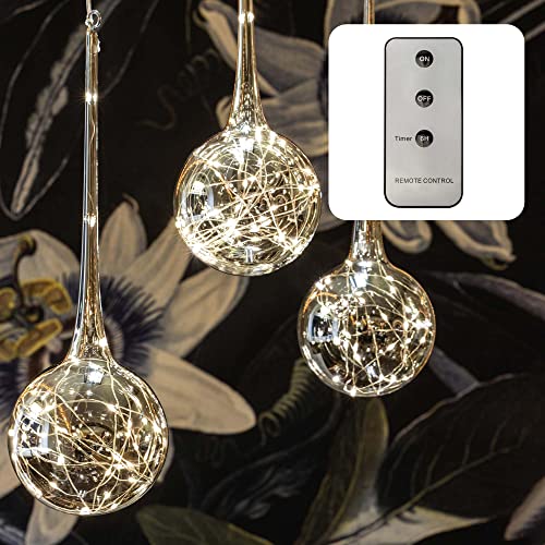 hellum LED Glaskugel hängend mit Lichterkette mit Timer und Fernbedienung, 3er set Glaskugel < 59lm, mit 3x30 warmweiße LED, rauchgraues Licht H40 ø13cm, 59 lm, Dekoration Licht, 578782 von hellum