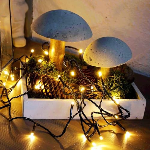 hellum Lichterkette außen 80 LED, Lichterkette mit Batterie (4x AA, nicht inkl.), Timer und Dämmerungssensor, beleuchtete Länge 7,90m, Terassenbeleuchtung warmweiß, Kabelfarbe grün 522730 von hellum