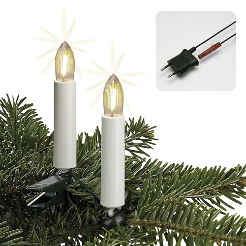 hellum LED Lichterkette Weihnachtsbaum Made-in-Germany Christbaumbeleuchtung Kerzen Lichterkette innen mit Clip, 20 warmweiße LED-Filament, beleuchtet 1330cm, Kabel grün Schaft weiß 815016 von hellum