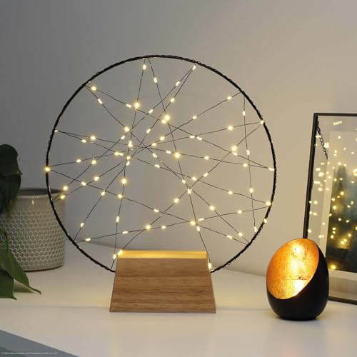 Hellum LED Traumfänger Ø30cm, Ring mit 80 warmweißen LED, Lichterkranz innen mit Timer und Fernbedienung, Dekoring mit Fuß, Lichterkranz Fenster mit Holzsockel, mit Innentransformator 579369 von hellum