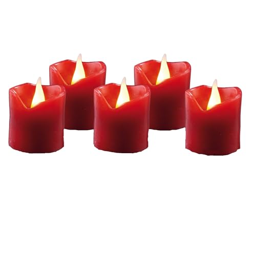 hellum LED Wachskerze 6 Stück, Ø 5cm x 5cm hoch, LED Kerzen rot mit flackernde Flamme, Kerzen mit batterien (6x CR2032 inkl.), LED Weihnachtsbeleuchtung LED Deko, Echtwachs LED Kerze 572117 von hellum