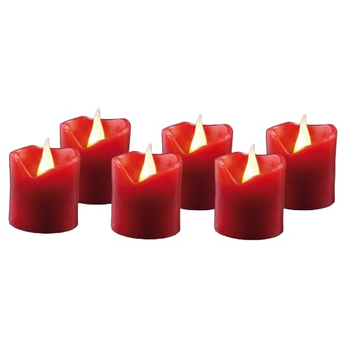 hellum LED Wachskerzen 6 Stück, Ø 5cm x 5cm hoch, LED Kerzen rot flackernde Flamme, Kerzen mit batterien (6xCR2032 inkl.), LED Weihnachtsbeleuchtung LED Deko, Echtwachs LED Kerze 150773 von hellum