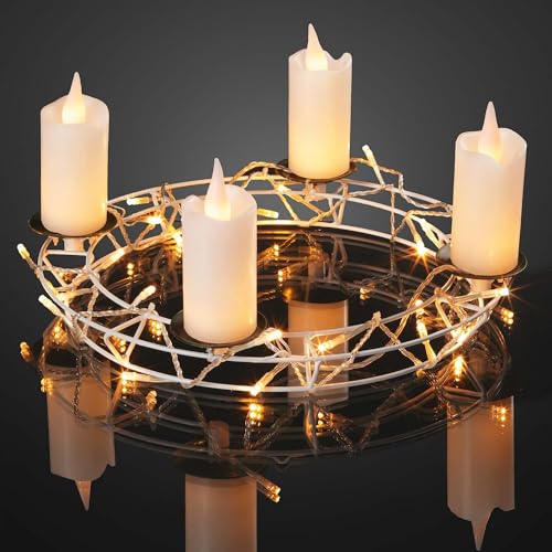 hellum LED Wachskerzen mit Metallkranz Deko zum Hängen und Stellen Ø35x20cm, 4 weiße LED Kerzen warmweiß, Metallkranz für Kerzen mit Lichterkette, Adventskranz modern weiß indoor mit Trafo 152661 von hellum