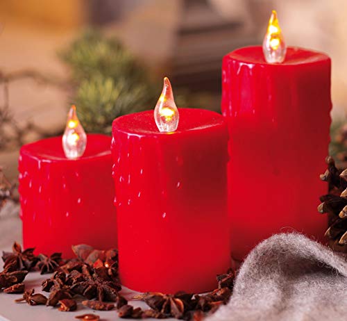 hellum LED Wachskerzen 3 Stück, Ø 6,5cm x 6,5+9,5+12,5cm hoch, LED Kerzen rot flackernde Flamme, Kerzen mit Stecker, LED Weihnachtsbeleuchtung LED Deko, Echtwachs LED Kerze 571929 von hellum
