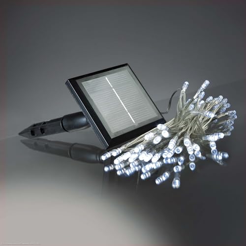 hellum Solar Lichterkette außen, 50 LED Lichterkette außen, 4,9 m mit Timer und wahlweise Blinkeffekt outdoor kaltweiß, Kabel transparent 151206 von hellum