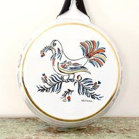 Oldtimer-Pan Weißer Emaille Handbemalt Folk Vogel Kleines Ei Pfanne Dela-Ware Von Hand Gefärbt 80Er Jahre Delano Studios Setauket Li Ny Signiert von hensfeathers