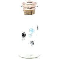Vintage Jar Atomic Glas Flasche Stopper Kork Rose Gold Getönt Aluminium Cap Blau Schwarz Starbursts Weiße Grafiken Mitte Jahrhundert Seltene Karaffe von hensfeathers