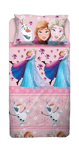 Frozen Bettwäsche-Set für Einzelbett, Disney, Bettlaken, Spannbettlaken, Kissenbezug, Rosa, Disney, 100% Baumwolle, offizielles Produkt von hermet