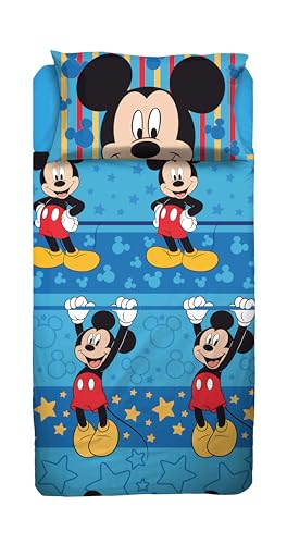 Mickey Mouse Bettwäsche-Set für Einzelbett, Disney, Bettlaken, Spannbettlaken, Kissenbezug, blau, Disney, 100% Baumwolle, offizielles Produkt von hermet
