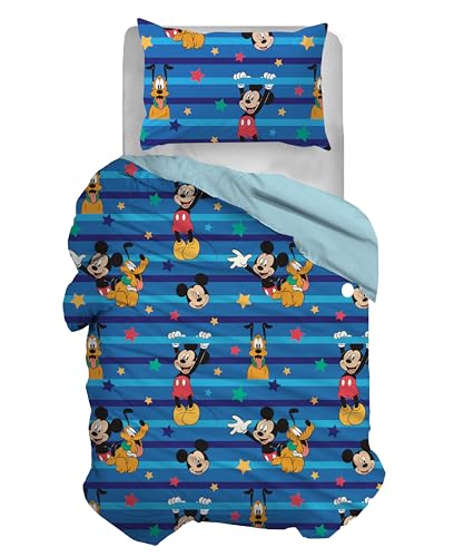 Mickey Mouse Mickey Mouse Bettbezug-Set für Einzelbett, Baumwolle, Blau, Schlafsack 155 x 200 cm, Kissenbezug 50 x 80 cm, Disney, 100% Baumwolle, offizielles Produkt von hermet