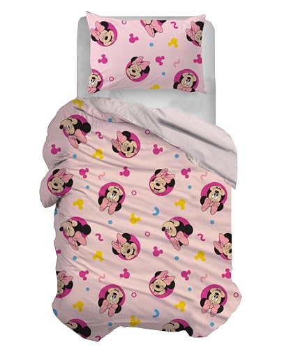 Minnie Mouse Bettbezug-Set für Einzelbett, Baumwolle, Rosa, 155 x 200 cm, Kissenbezug 50 x 80 cm, Disney, 100% Baumwolle, offizielles Produkt von hermet