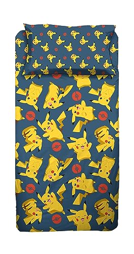 Pokemon Bettwäsche-Set für Einzelbett, Einzelbett, Bettwäsche, Spannbettlaken, Kissenbezug, 100% Baumwolle, offizielles Produkt von hermet