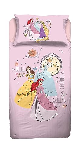 Princess, Bettlaken für Einzelbett, Spannbettlaken, Kissenbezug, Rosa, Disney, 100% Baumwolle, offizielles Produkt von hermet