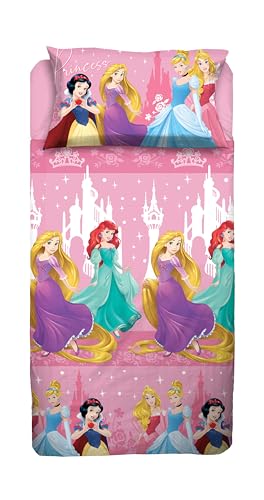 Princess, Bettwäsche-Set für Einzelbett, Disney, Bettlaken, Spannbettlaken, Kissenbezug, Rosa, Disney, 100% Baumwolle, offizielles Produkt von hermet