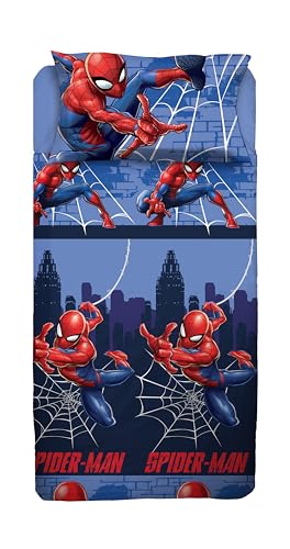 Spiderman, Bettwäsche-Set für Einzelbett, Disney, Bettlaken, Spannbettlaken, Kissenbezug, Blau, Marvel Disney, 100% Baumwolle, offizielles Produkt von hermet