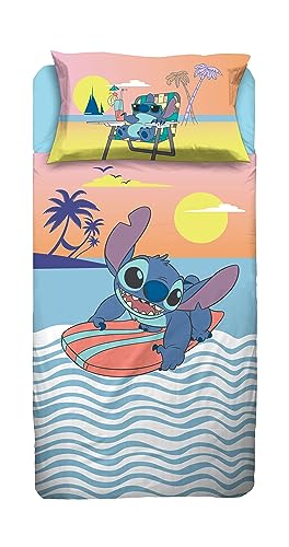 Stitch, Bettlaken für Einzelbett, Spannbettlaken, Kissenbezug, Blau, Disney, 100% Baumwolle, offizielles Produkt von hermet