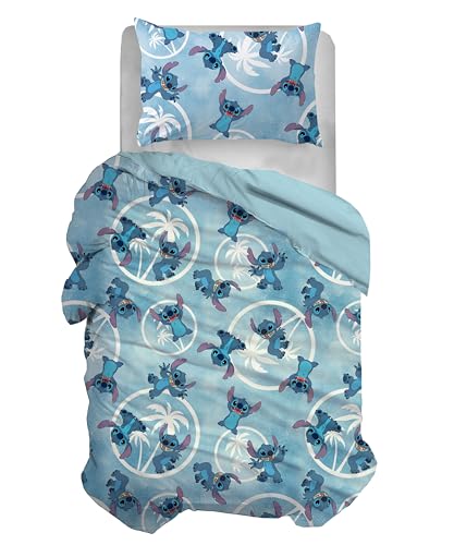 Stitch Bettbezug-Set für Einzelbett, Baumwolle, Blau, 155 x 200 cm, Kissenbezug 50 x 80 cm, Disney, 100% Baumwolle, offizielles Produkt von hermet
