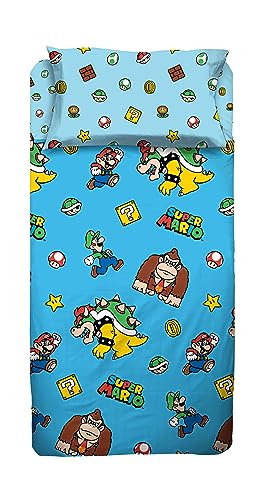 Super Mario Bettwäsche-Set für Einzelbett, Einzelbett, Kissenbezug, Spannbettlaken, 100% Baumwolle, Hellblau von hermet