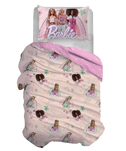 hermet Barbie, Bettbezug für Einzelbett, Rosa, Schlafsack + Kissenbezug, 100% Baumwolle, Set für Kinderzimmer, offizielles Produkt von hermet